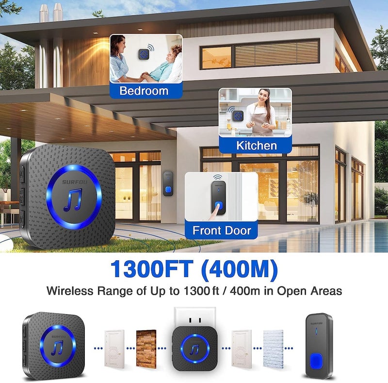 SURFOU Wireless Doorbell, Waterproof, Easy installation -1300ft Range 55 Chimes, 5 Adjustable Volume Levels - LED Flash (1 Button+2 Receivers) - Image 2